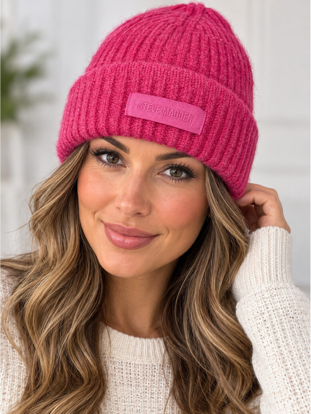 Steve Madden Womens Strawberry Pink Mixed Knit Cuffed Beanie Hat NWT One Size
